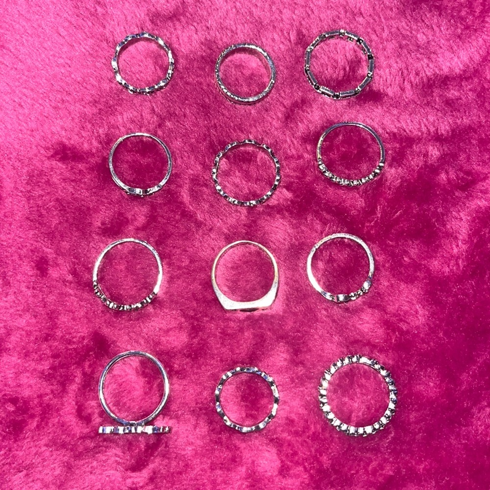12 piece faux silver rings, multiple sizes